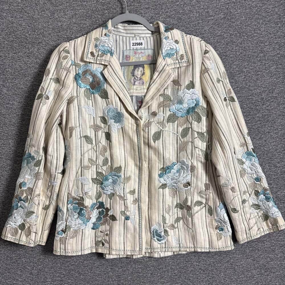 Johnny Was Biya Women's Medium Beige Snap Up Linen Floral Embroidered Jacket